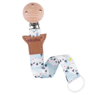 Lanț pentru suzetă, model Pisicuțe, cu clips din lemn, 24 cm Akuku A0582